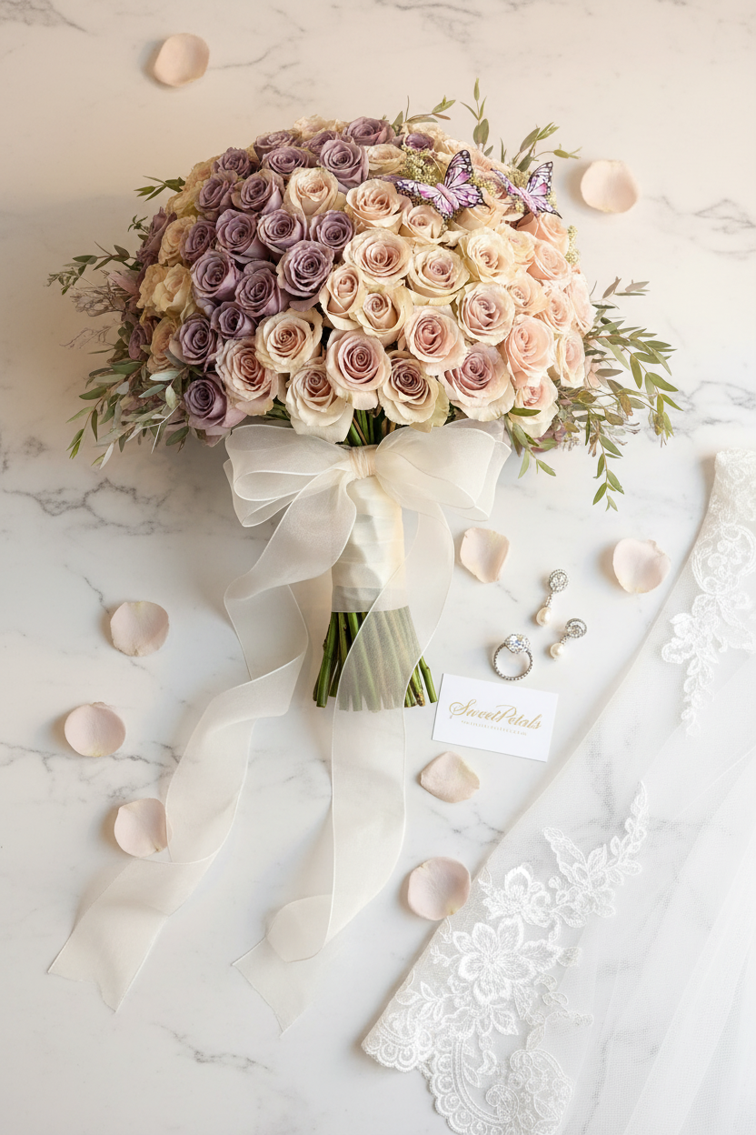 Flat lay bridal butterfly rose dome bouquet with diamond ring and pearl jewelry on white marble – SweetPetals luxury mauve champagne wedding bouquet