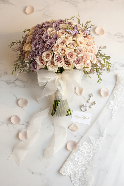 Flat lay bridal butterfly rose dome bouquet with diamond ring and pearl jewelry on white marble – SweetPetals luxury mauve champagne wedding bouquet