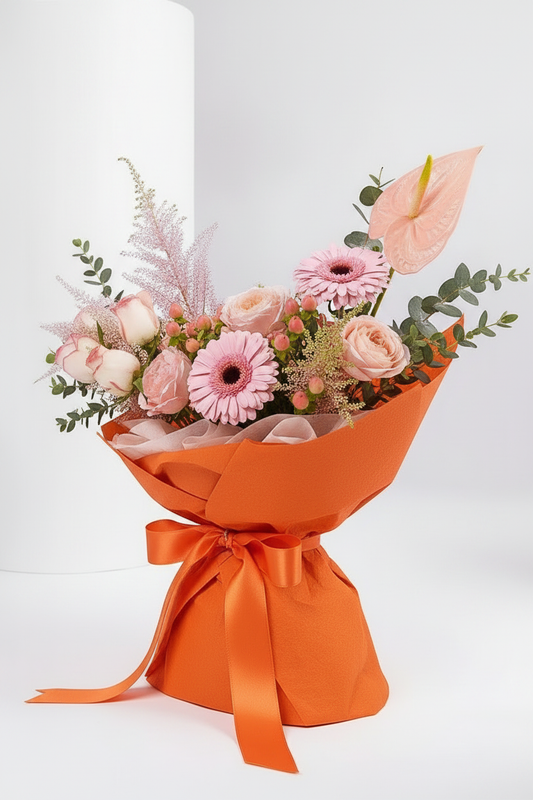 3D side angle view of pink roses gerberas and anthurium in orange wrap bouquet – SweetPetals premium flowers Brooklyn Manhattan