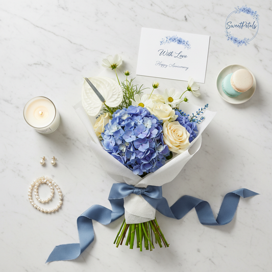 Blue white flower bouquet flat lay with candle pearls macarons gift card – SweetPetals luxury gifting NYC