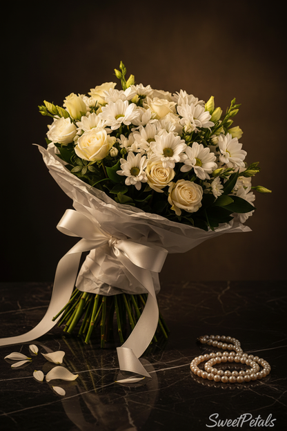White chrysanthemum and rose hand-tied bouquet in white tissue wrap on dark marble – SweetPetals luxury white flower gift delivery