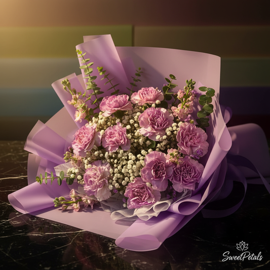Close-up of lavender purple carnations white baby's breath and eucalyptus in lavender wrap on dark marble with golden light – SweetPetals lilac grace carnation luxury bouquet