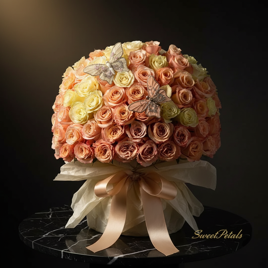 Close-up of peach champagne and cream roses with crystal butterfly pins in ivory wrap on dark marble – SweetPetals butterfly dreams luxury bouquet