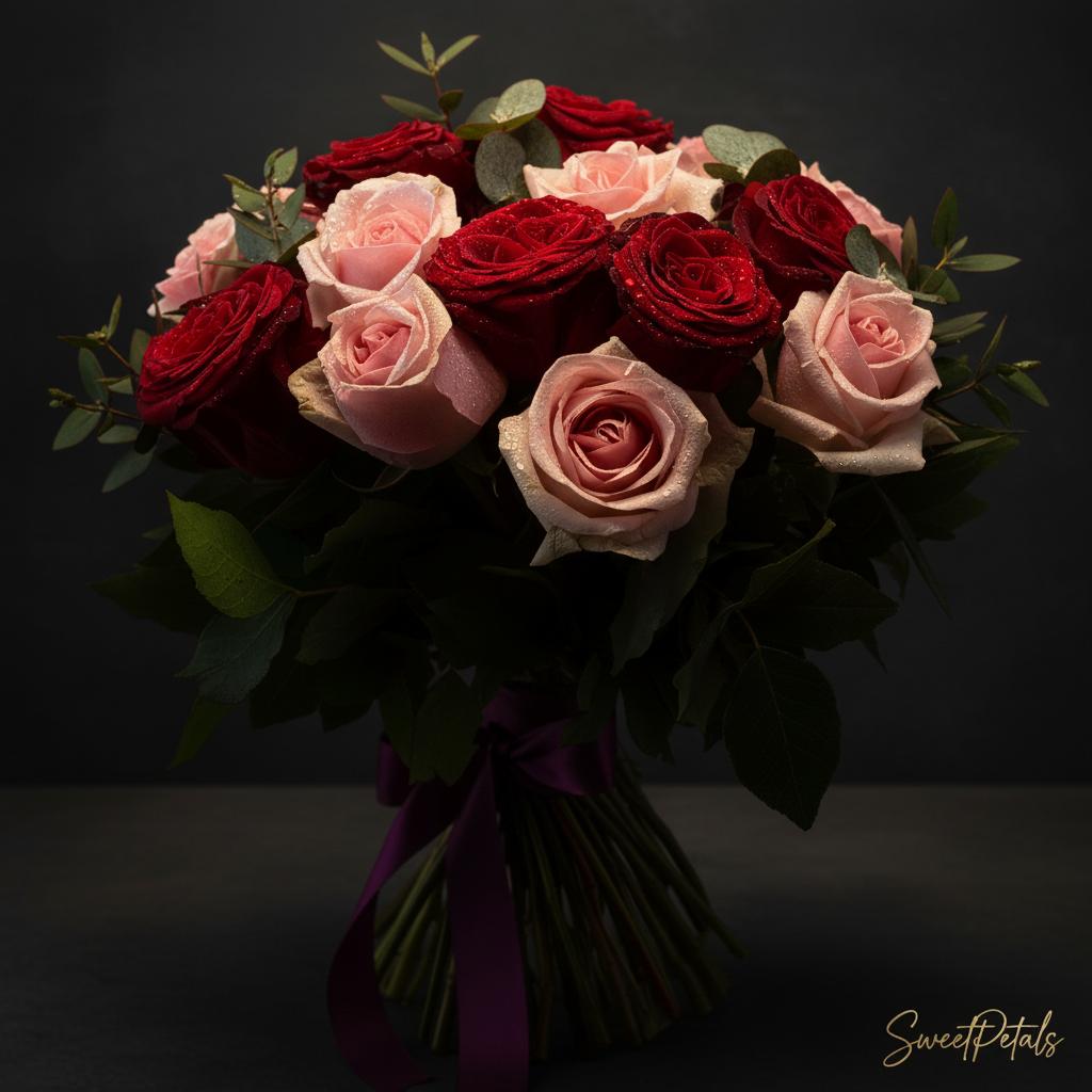 Close-up of deep red and blush pink roses with eucalyptus in Her Majesty's bouquet – SweetPetals premium rose gift