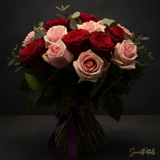 Close-up of deep red and blush pink roses with eucalyptus in Her Majesty's bouquet – SweetPetals premium rose gift