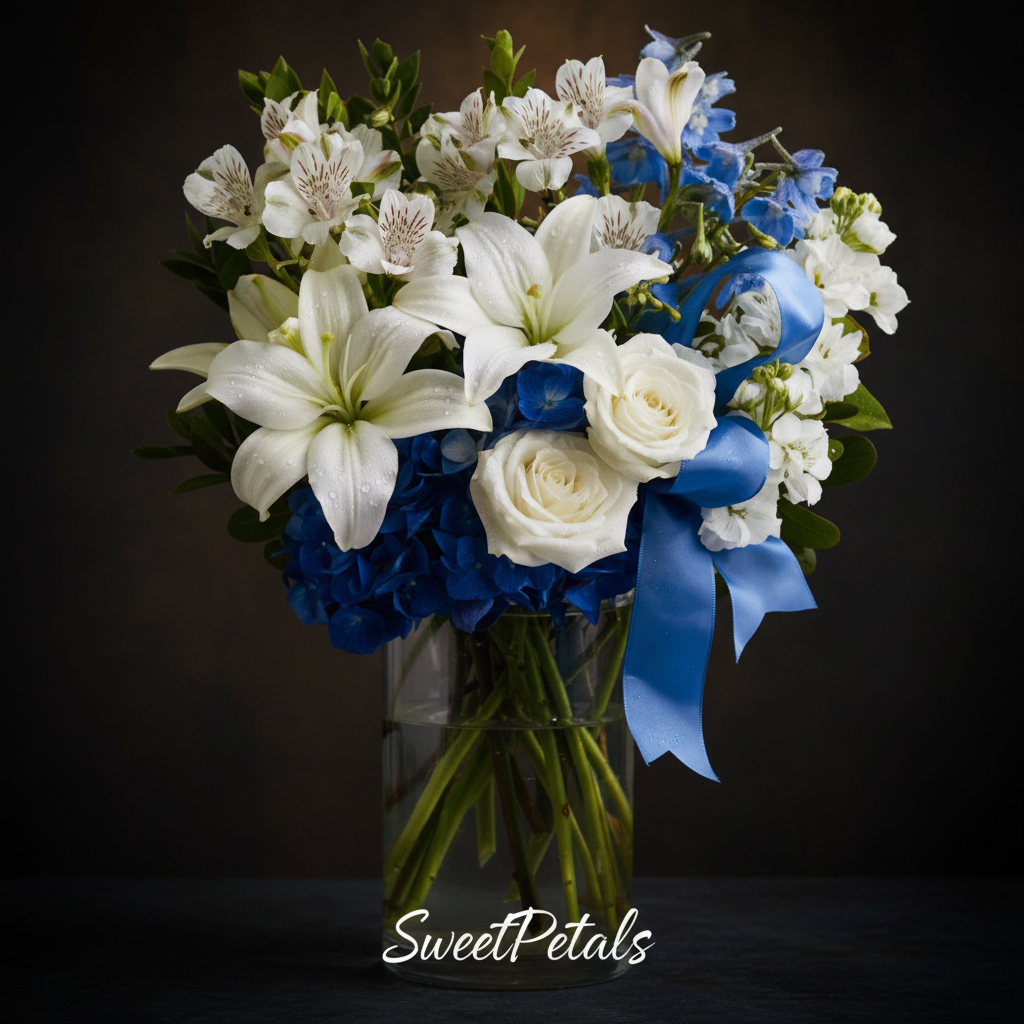 Close-up of white lilies white roses and blue delphinium in glass vase – SweetPetals luxury blue and white arrangement