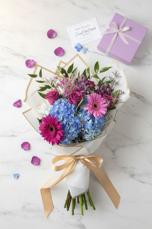 Flat lay violet dream purple rose blue hydrangea bouquet with lavender gift box on marble – SweetPetals luxury flower gift delivery