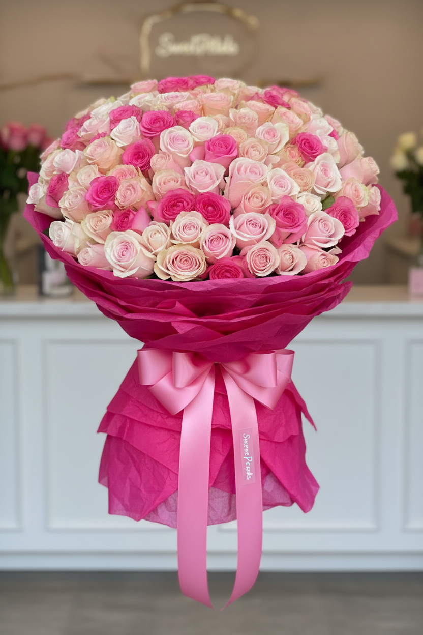 Grand 100 pink rose bouquet wrapped in bold shocking pink paper with satin ribbon – SweetPetals luxury flowers