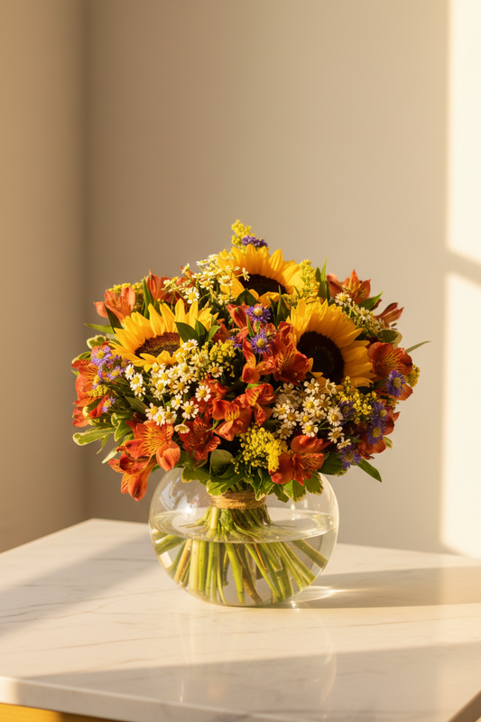 Sunflower and Peruvian lily vase arrangement golden hour marble lifestyle editorial – SweetPetals NYC florist