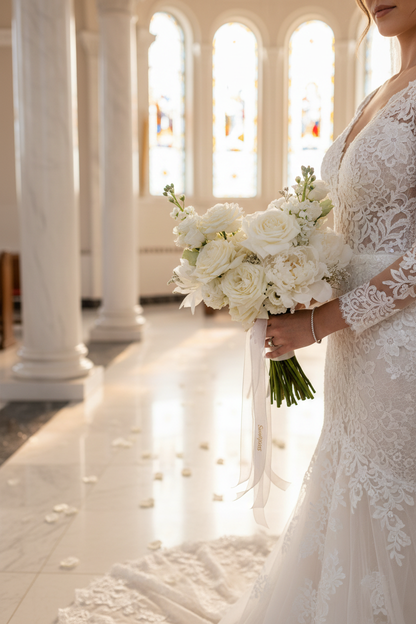 Bride in white lace gown holding ethereal white bridal bouquet in sunlit luxury church interior – SweetPetals premium white rose peony lisianthus wedding bouquet New York