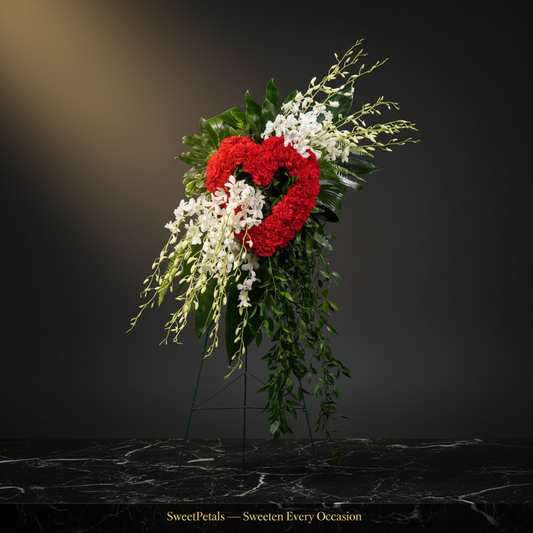 Eternal love heart sympathy standing tribute on black easel on dark marble with golden spotlight and SweetPetals gold foil slogan – SweetPetals luxury red carnation heart orchid funeral tribute New York