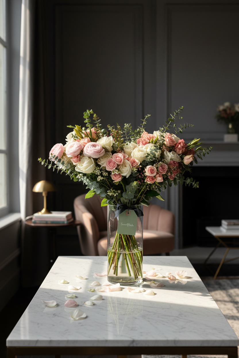 Elegant garden romance bouquet in glass vase by window in luxury home – SweetPetals premium white rose and ranunculus floral gift