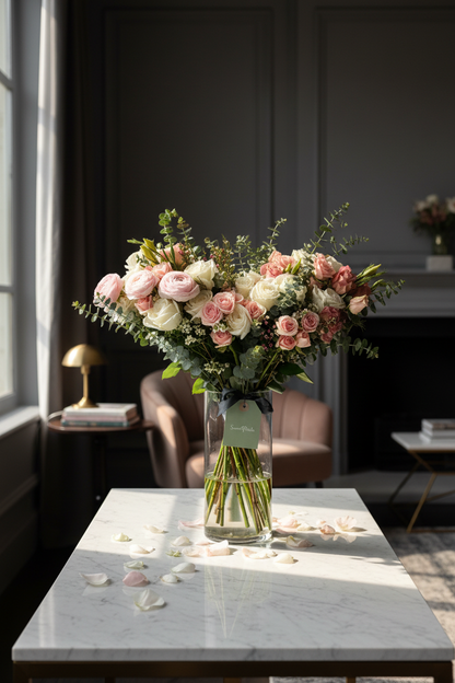 Elegant garden romance bouquet in glass vase by window in luxury home – SweetPetals premium white rose and ranunculus floral gift