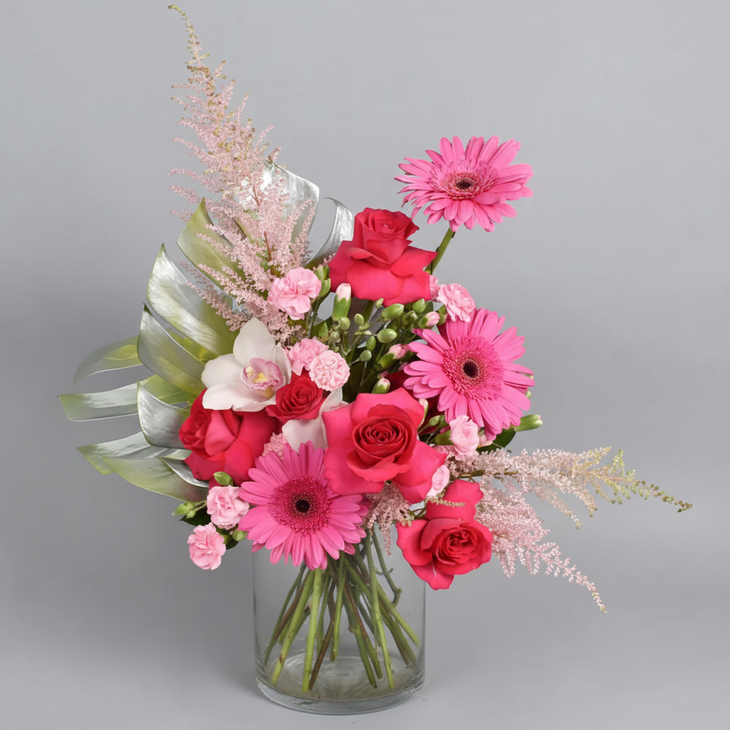 Pink Bliss Bouquet with roses gerberas and orchids in tall cylindrical glass vase – SweetPetals NYC