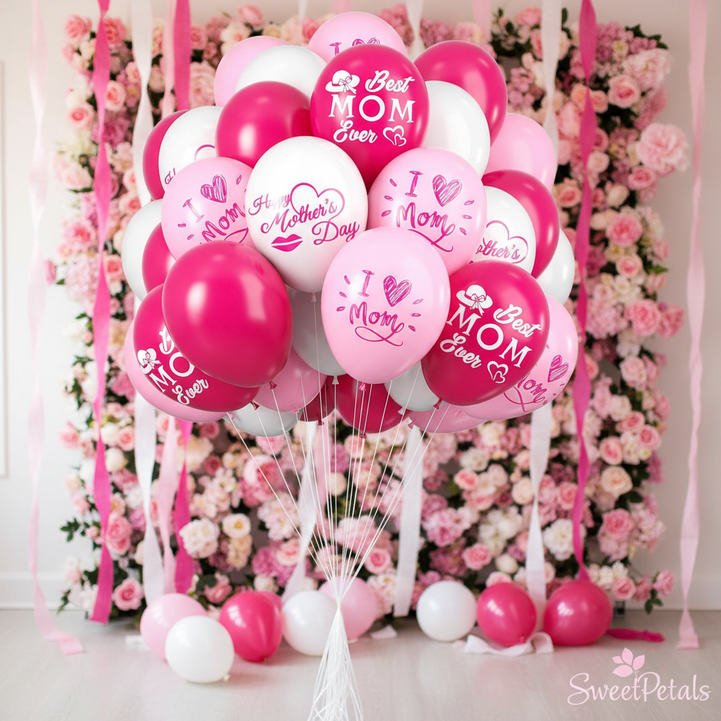 40 Mother's Day balloons floating in decorated party room pink streamers – SweetPetals balloon bouquet NYC