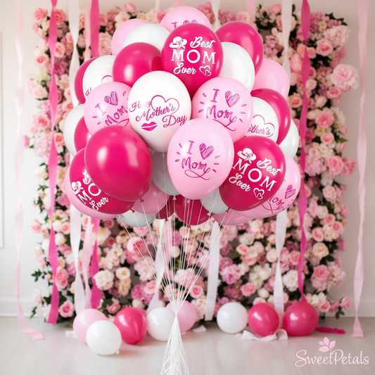 40 Mother's Day balloons floating in decorated party room pink streamers – SweetPetals balloon bouquet NYC