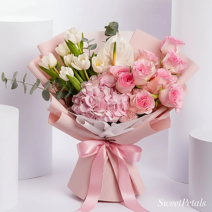 Luxury pink white flower bouquet with tulips roses hydrangea blush wrap – SweetPetals NYC