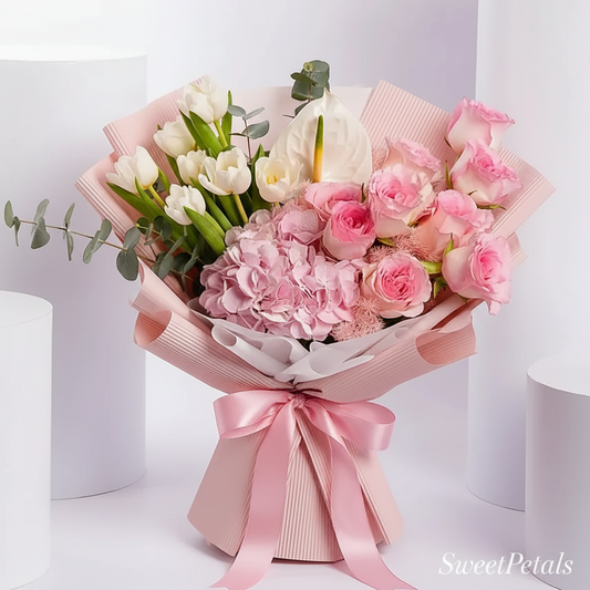 Luxury pink white flower bouquet with tulips roses hydrangea blush wrap – SweetPetals NYC