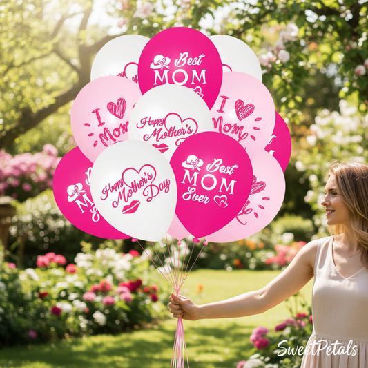Mother's Day balloon bunch held outdoors garden setting pink white – SweetPetals balloon bouquet NYC