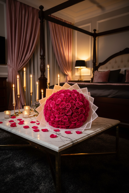 Elegant 50 hot pink fuchsia rose dome bouquet in luxury bedroom with candlelight – SweetPetals premium romantic floral gift