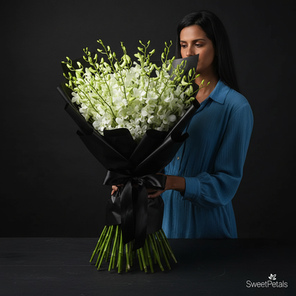 White orchid bouquet in black matte wrap with black ribbon 3/4 angle – SweetPetals luxury orchids NYC