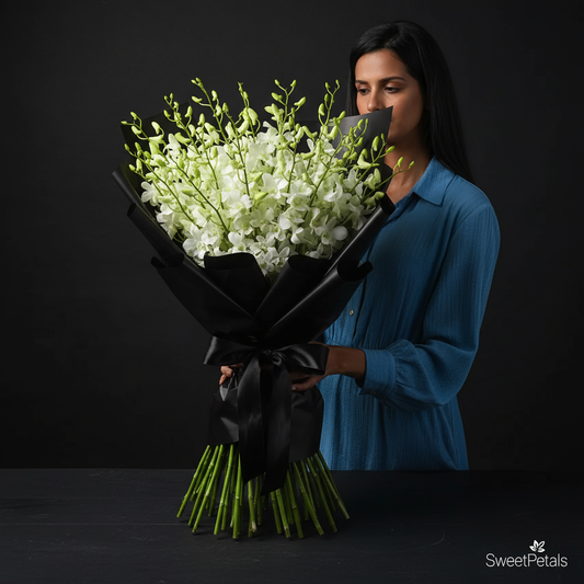 White orchid bouquet in black matte wrap with black ribbon 3/4 angle – SweetPetals luxury orchids NYC