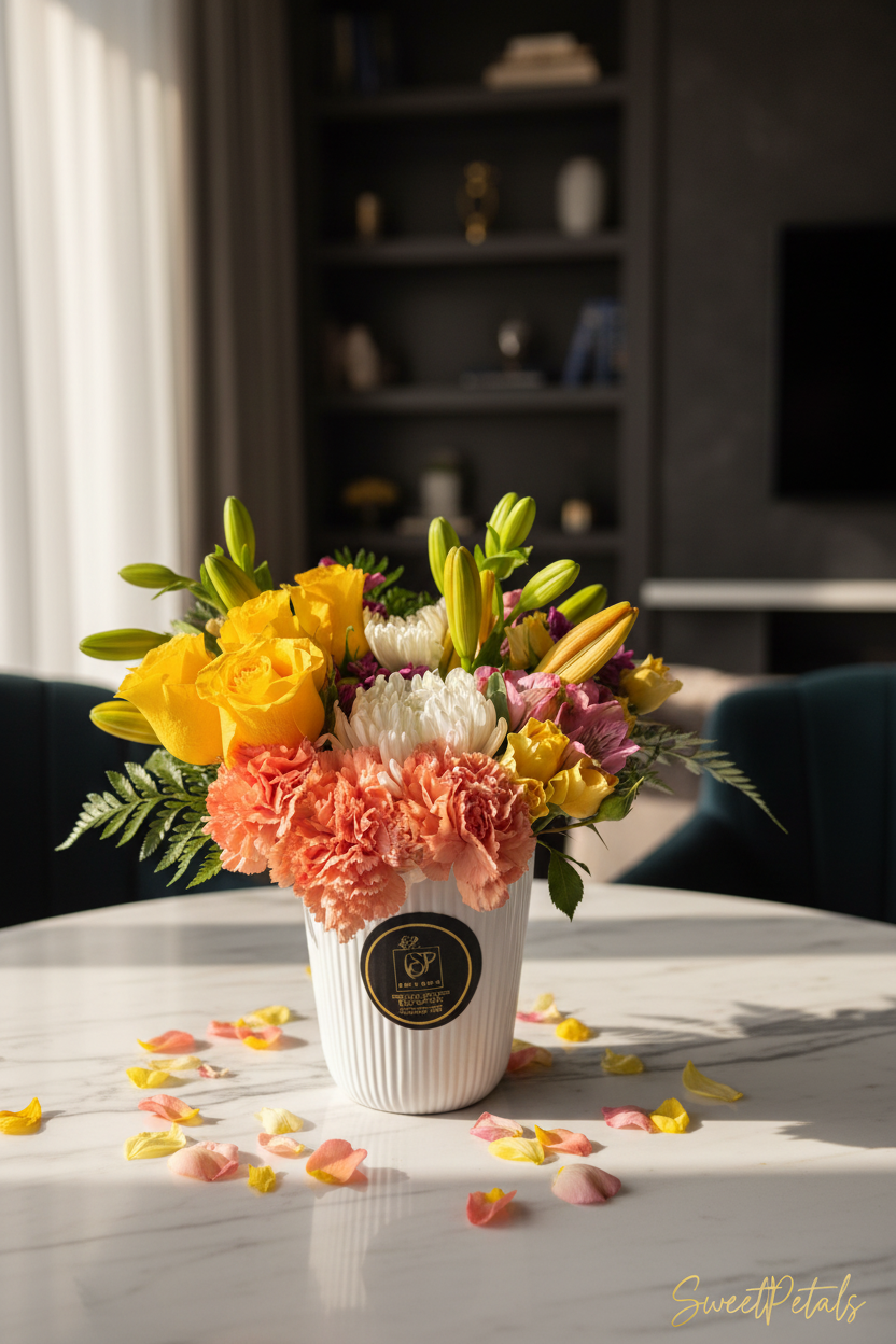 Elegant colorful mixed flower vase arrangement by window in luxury home – SweetPetals sunshine medley premium floral gift