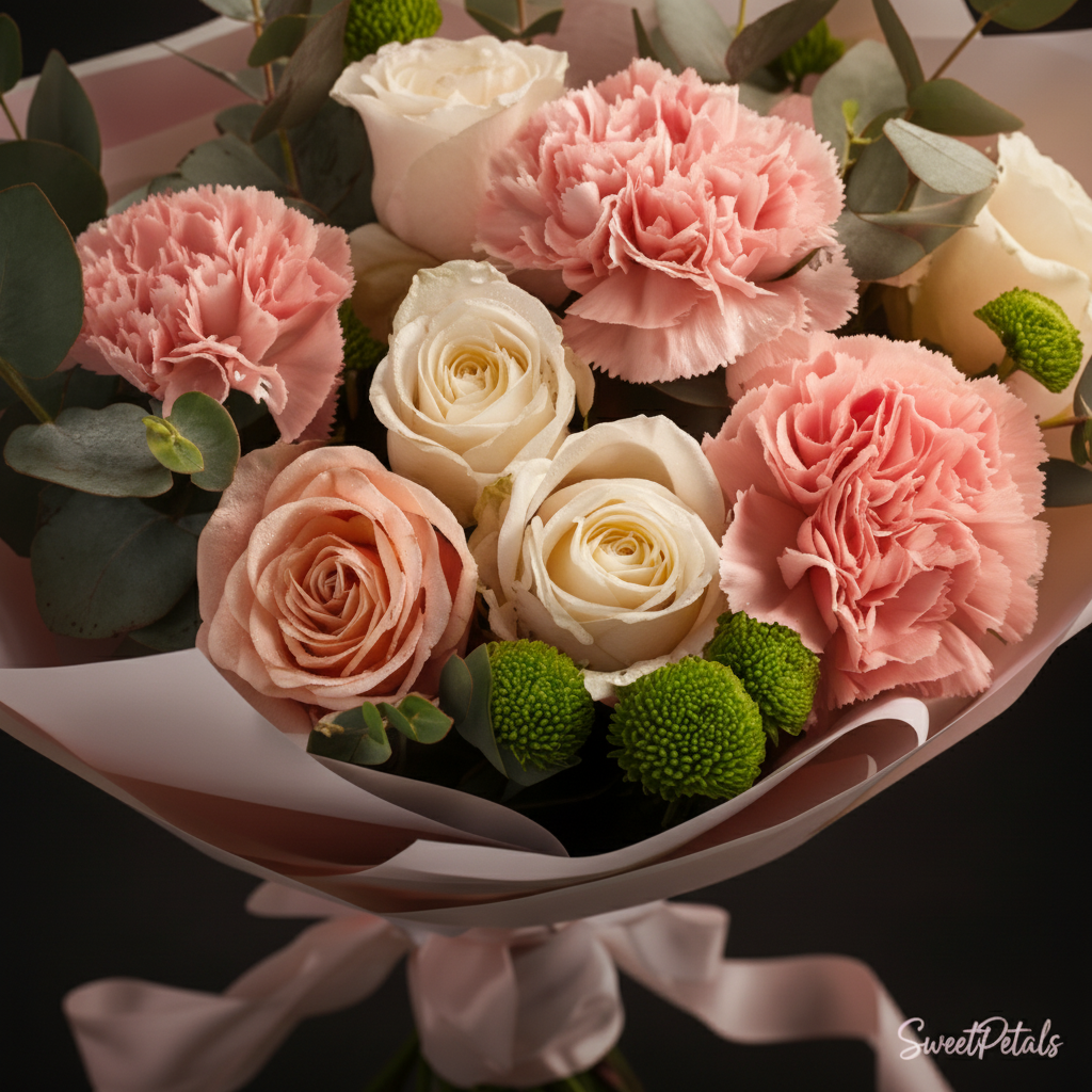 Close-up of blush pink roses cream roses and pink carnations in pastel dreams bouquet – SweetPetals premium flowers
