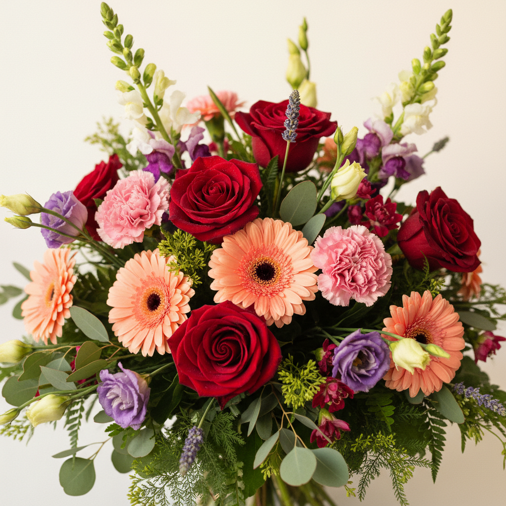 Close-up of red roses, peach gerbera daisies, pink carnations and lavender lisianthus luxury flower arrangement by SweetPetals NYC