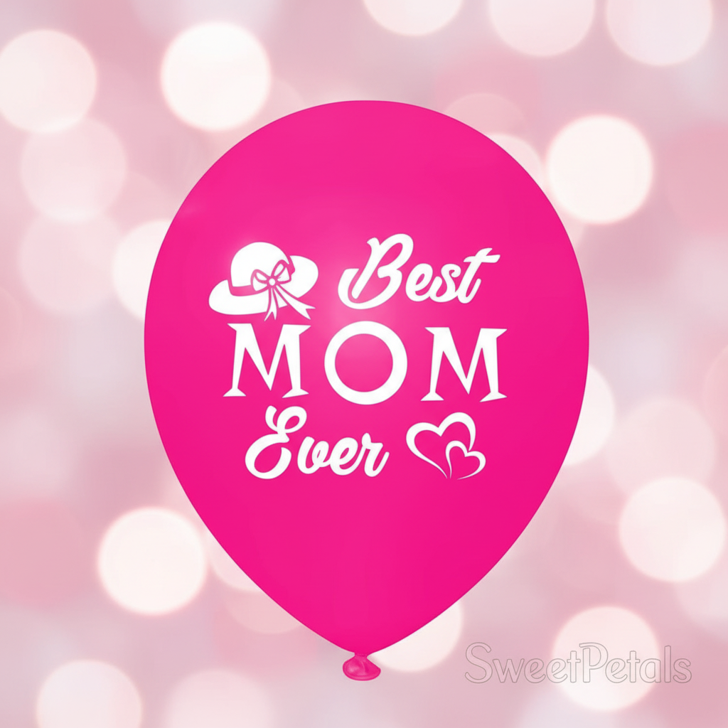 Close-up Best MOM Ever hot pink latex balloon detail – SweetPetals Mother's Day balloon NYC