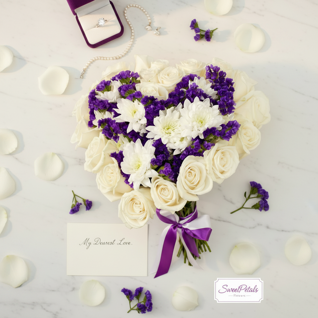 Flat lay eternal embrace heart bouquet with purple velvet gift box and diamond ring on marble – SweetPetals luxury white rose purple heart gift delivery
