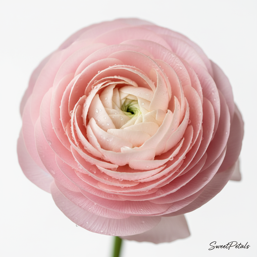 Single blush pink ranunculus flower botanical portrait with layered cream and blush petals on white background – SweetPetals luxury ranunculus bloom