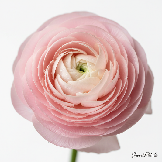 Single blush pink ranunculus flower botanical portrait with layered cream and blush petals on white background – SweetPetals luxury ranunculus bloom