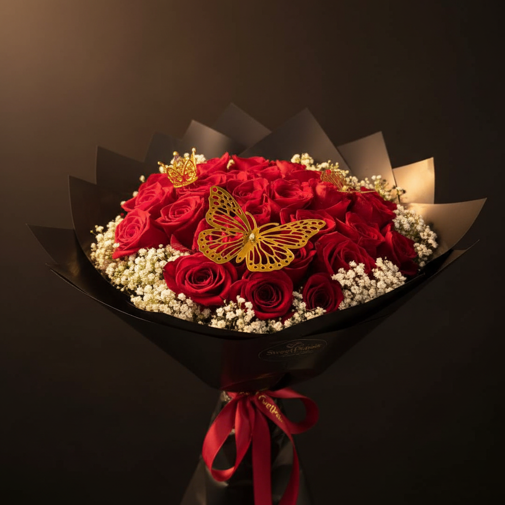 Close-up of deep crimson red roses and white baby's breath with gold butterfly in black wrap – SweetPetals golden butterfly luxury bouquet