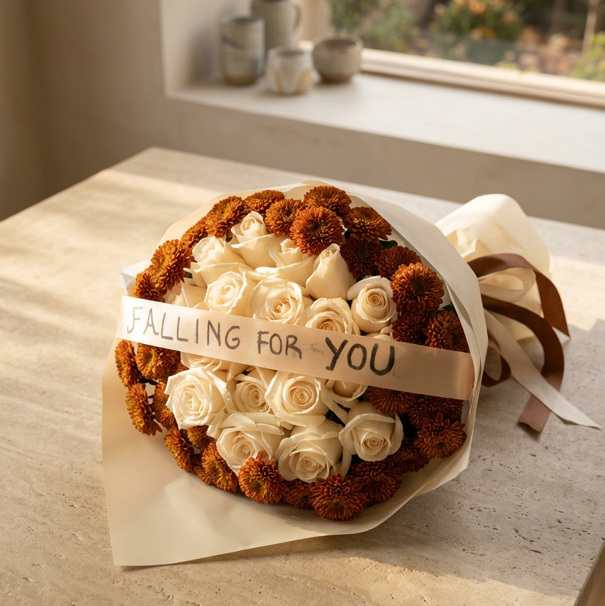White rose and autumn chrysanthemum bouquet in a styled setting, SweetPetals Brooklyn USA