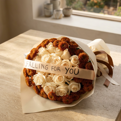 White rose and autumn chrysanthemum bouquet in a styled setting, SweetPetals Brooklyn USA