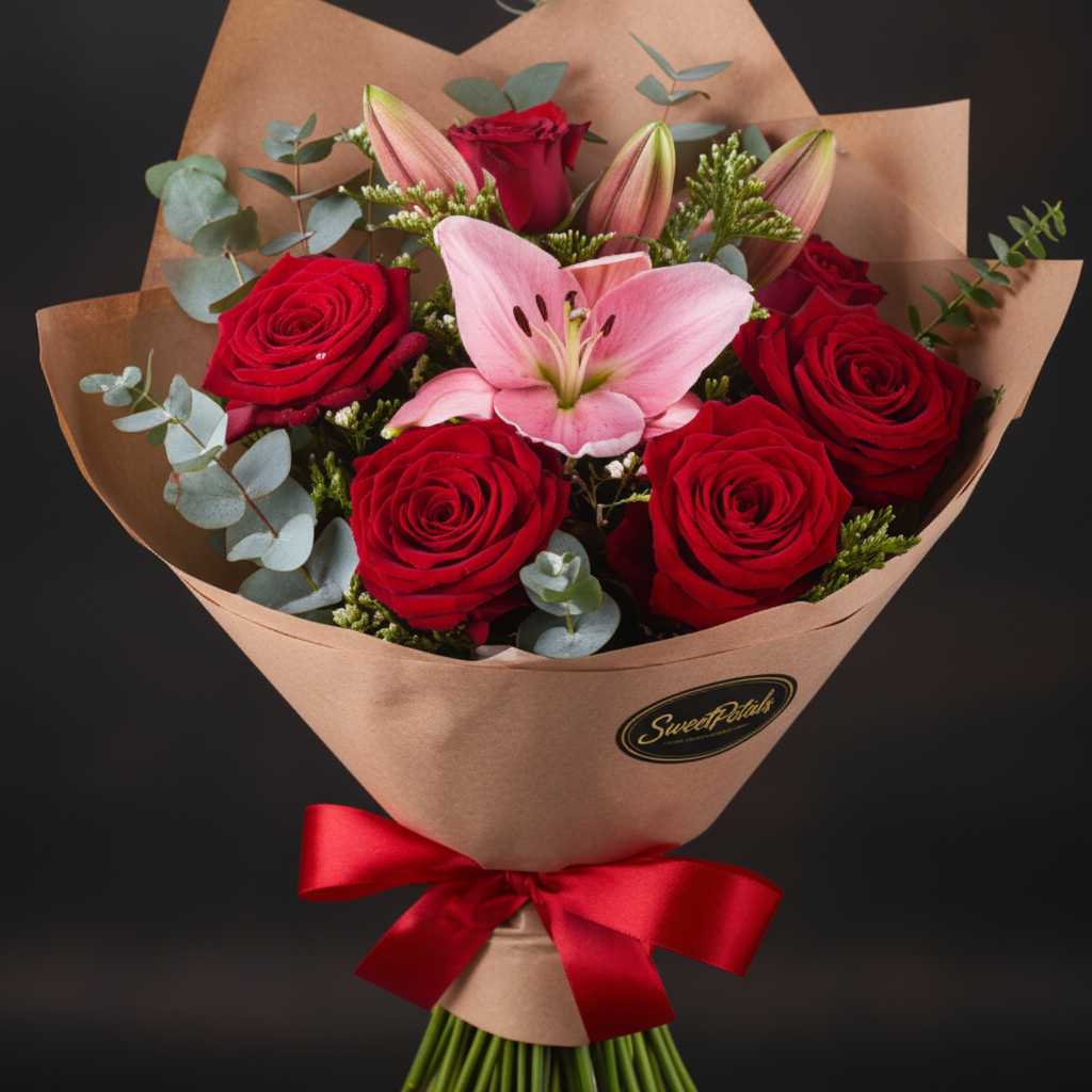 Close-up of red roses and pink lily bouquet in kraft paper wrap with red ribbon – SweetPetals luxury romantic flowers