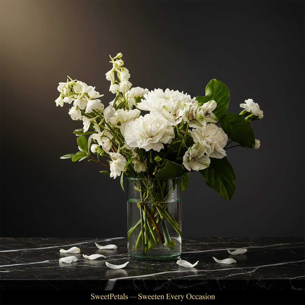 Pure white garden vase arrangement on dark marble with golden spotlight and SweetPetals gold foil slogan – SweetPetals luxury white carnation alstroemeria delphinium sympathy wedding gift New York