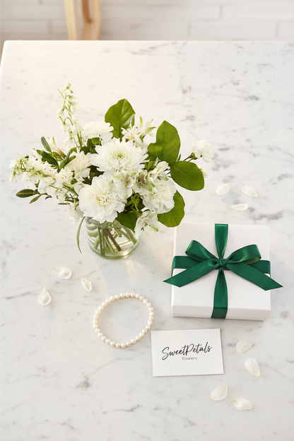 Flat lay pure white garden vase arrangement with white gift box and pearl necklace on white marble – SweetPetals luxury white carnation alstroemeria delphinium gift delivery New York