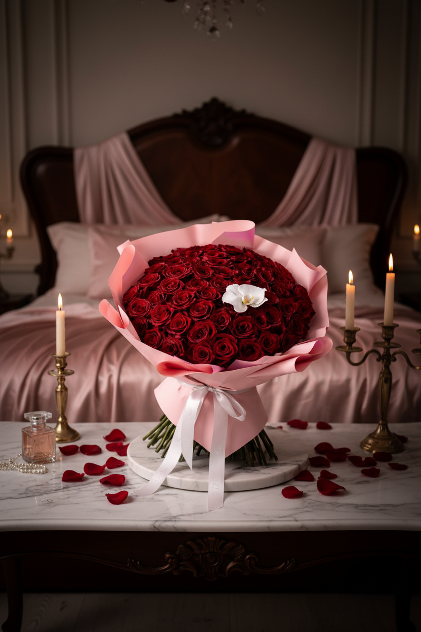 Elegant 100 red rose and white orchid bouquet in luxury bedroom with candlelight – SweetPetals premium romantic floral gift