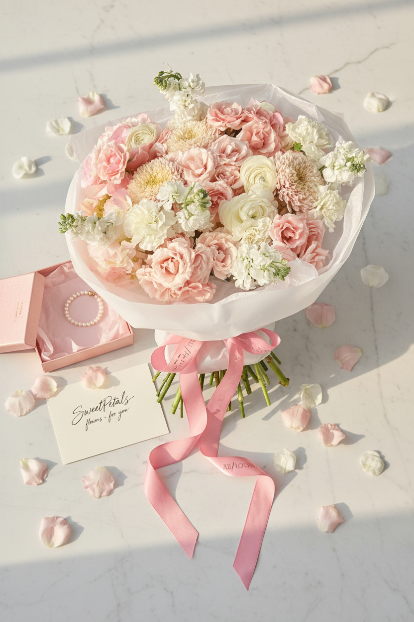 Flat lay blush cloud round bouquet with blush gift box and pearl bracelet on marble – SweetPetals luxury blush lisianthus ranunculus birthday gift delivery