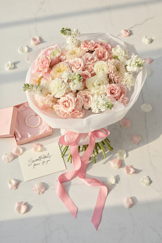 Flat lay blush cloud round bouquet with blush gift box and pearl bracelet on marble – SweetPetals luxury blush lisianthus ranunculus birthday gift delivery