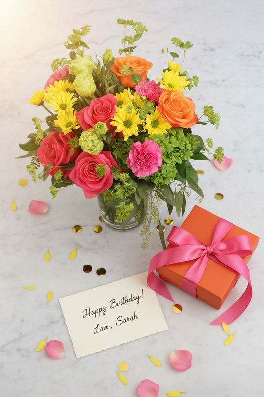 Flat lay festive sunrise vase arrangement with orange gift box and gold confetti on marble – SweetPetals luxury pink orange rose yellow daisy birthday gift delivery