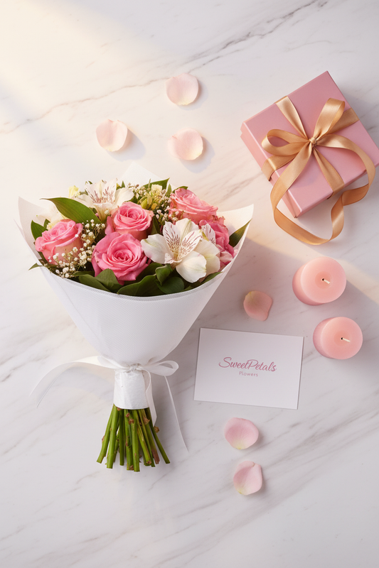 Flat lay pink rose alstroemeria bouquet with pink gift box and candles on marble – SweetPetals flower gift delivery