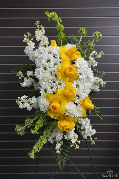 Close-up of yellow roses and white chrysanthemums in grand standing spray – SweetPetals luxury sympathy arrangement