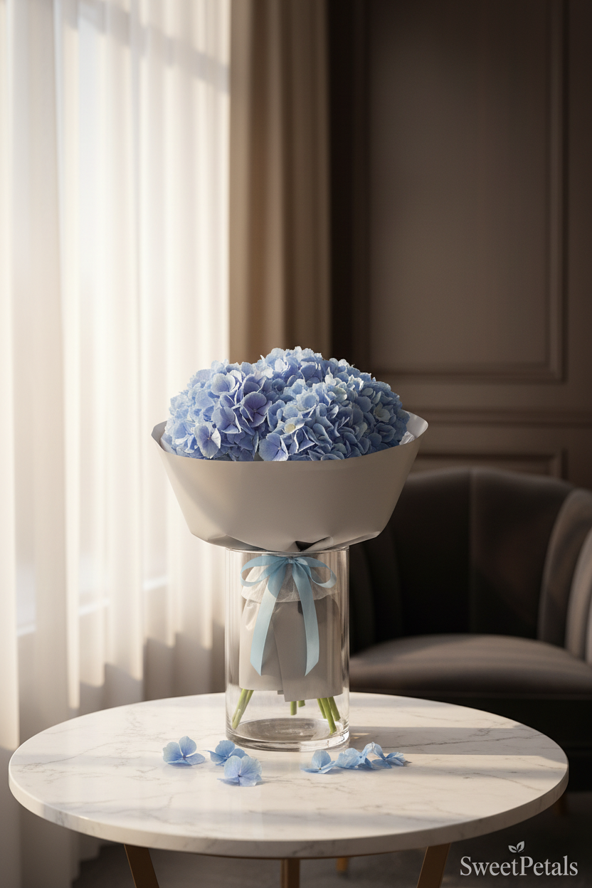 Elegant serene blue hydrangea bouquet in glass vase by window in luxury home – SweetPetals premium blue floral gift