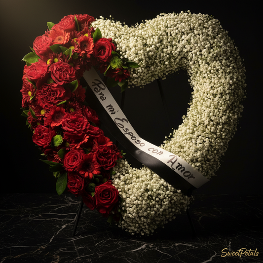 Close-up of red roses red gerberas red carnations and white baby's breath two-tone heart wreath with black ribbon sash on dark marble – SweetPetals red white heart sympathy tribute
