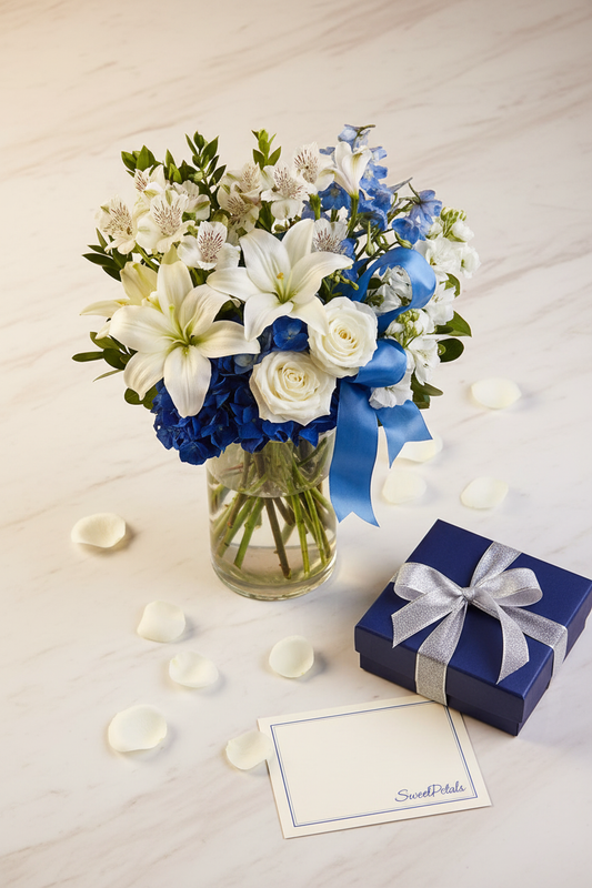 Flat lay blue and white floral vase arrangement with gift box on marble – SweetPetals flower gift delivery