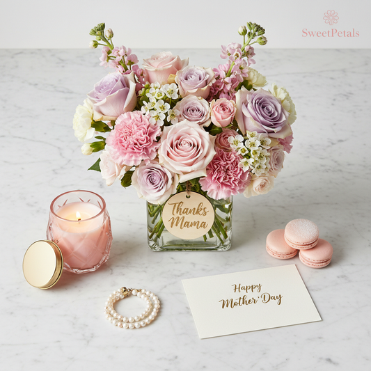 Thanks Mama flower arrangement flat lay with candle pearls macarons Mother's Day card – SweetPetals NYC