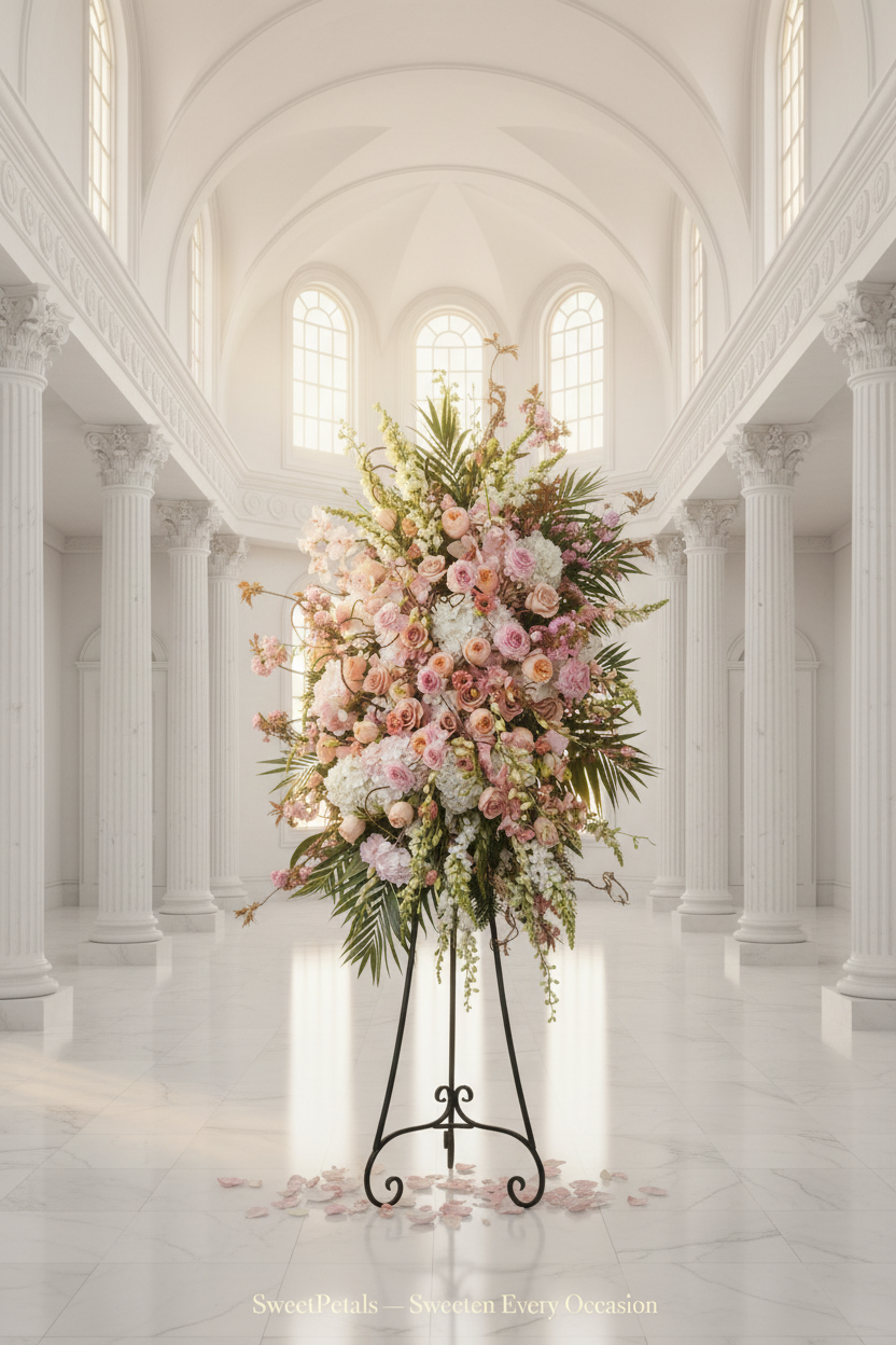 Grand cascade blush sympathy standing arrangement on black easel in bright white chapel interior with golden light – SweetPetals premium pink rose hydrangea orchid funeral tribute New York